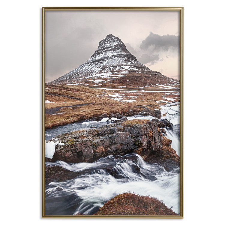 Poster Kirkjufell - winter landscape of a mountain and a stream against the sky 130383 additionalImage 18