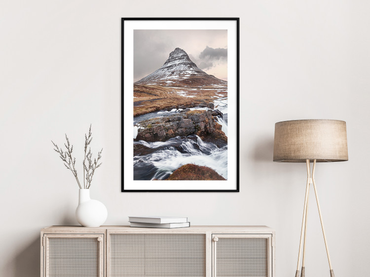Poster Kirkjufell - winter landscape of a mountain and a stream against the sky 130383 additionalImage 15