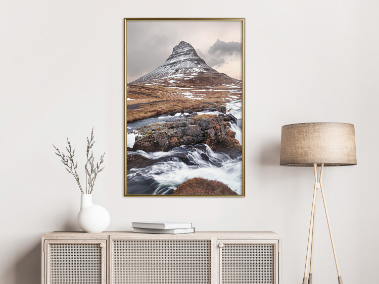 Poster Kirkjufell - winter landscape of a mountain and a stream against the sky 130383 additionalImage 5