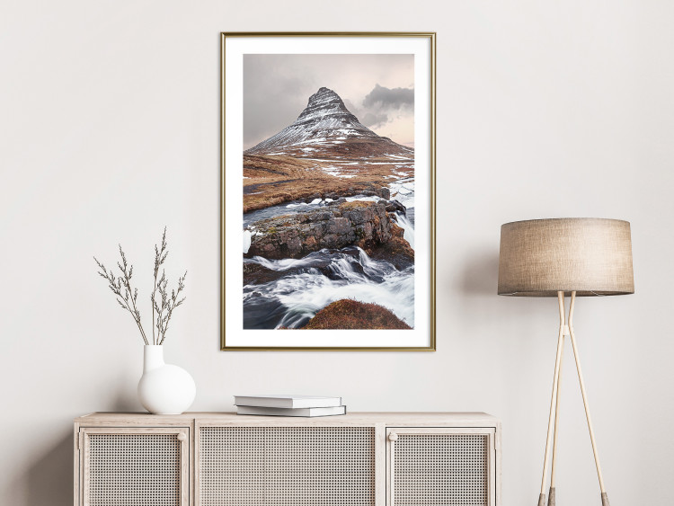 Poster Kirkjufell - winter landscape of a mountain and a stream against the sky 130383 additionalImage 13