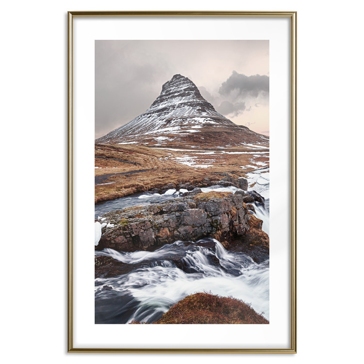 Poster Kirkjufell - winter landscape of a mountain and a stream against the sky 130383 additionalImage 20