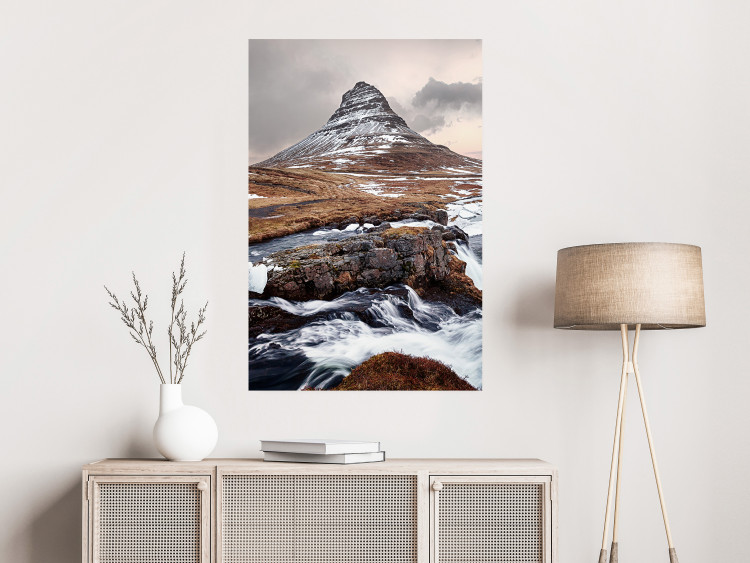 Poster Kirkjufell - winter landscape of a mountain and a stream against the sky 130383 additionalImage 2