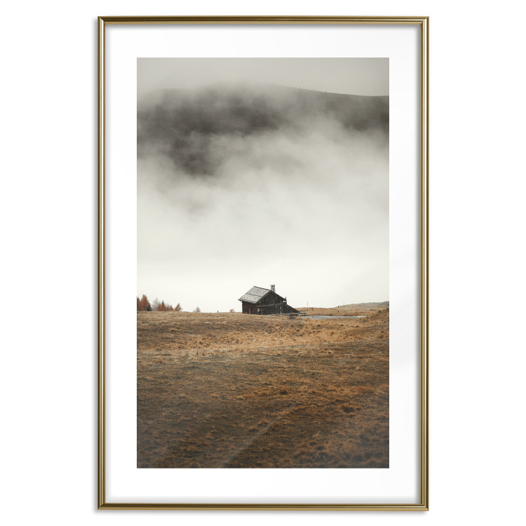 Poster Mountain Retreat - field landscape with a small cottage against white clouds 131783 additionalImage 14