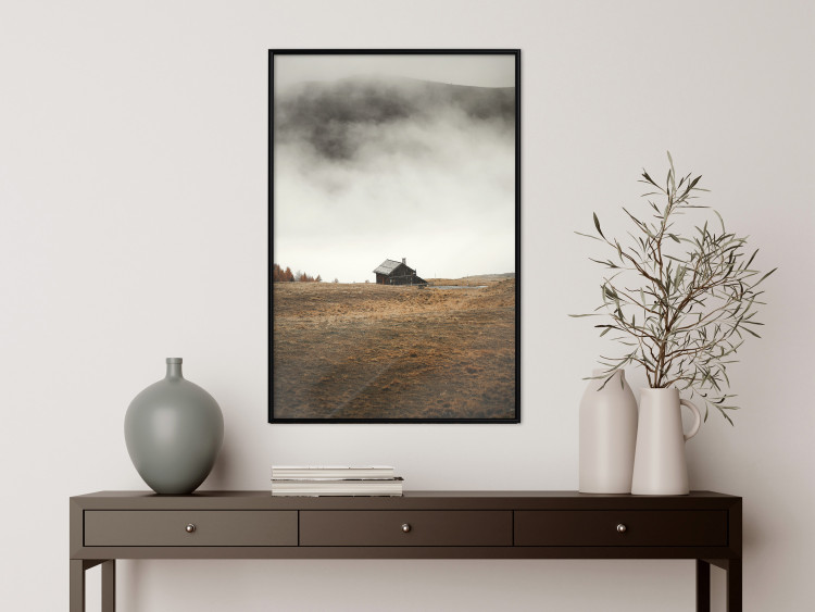 Poster Mountain Retreat - field landscape with a small cottage against white clouds 131783 additionalImage 4