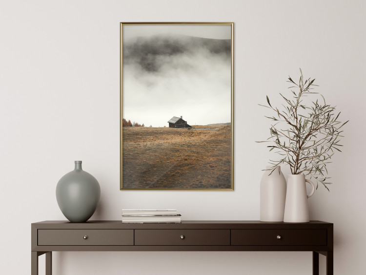 Poster Mountain Retreat - field landscape with a small cottage against white clouds 131783 additionalImage 5
