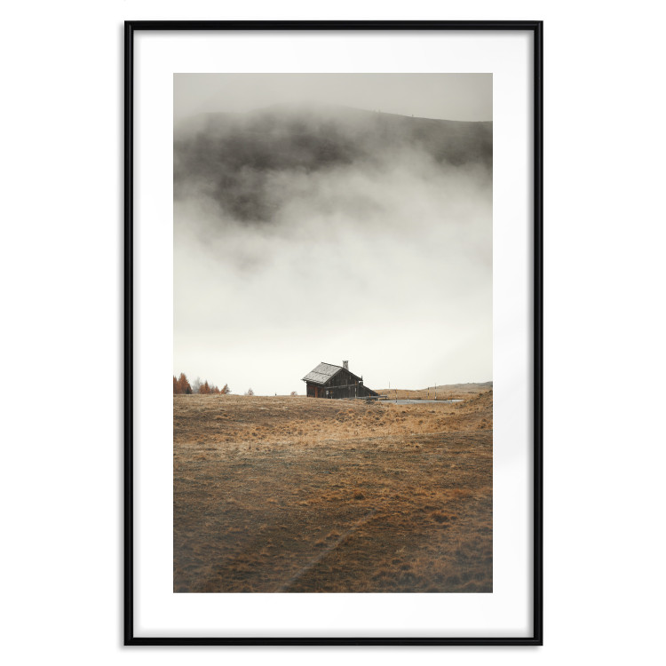 Poster Mountain Retreat - field landscape with a small cottage against white clouds 131783 additionalImage 15
