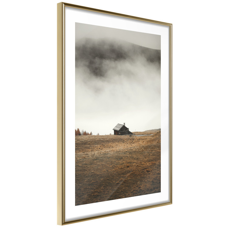 Poster Mountain Retreat - field landscape with a small cottage against white clouds 131783 additionalImage 7