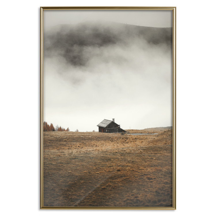 Poster Mountain Retreat - field landscape with a small cottage against white clouds 131783 additionalImage 17