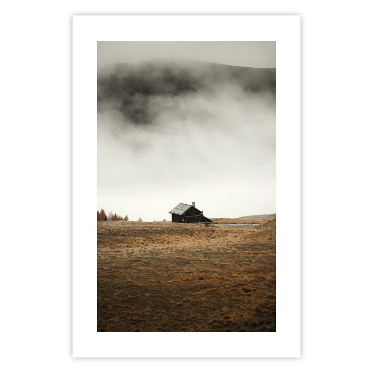 Poster Mountain Retreat - field landscape with a small cottage against white clouds 131783 additionalImage 19