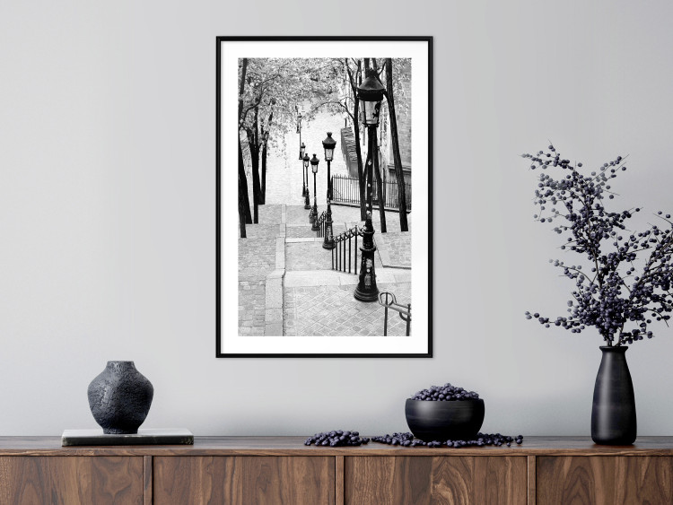 Poster Montmartre - black and white street landscape in the city with many lamps 132283 additionalImage 21