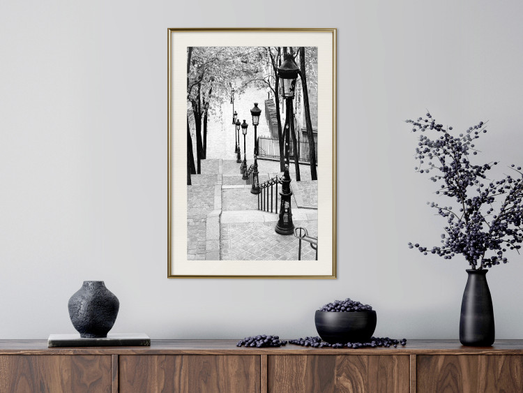 Poster Montmartre - black and white street landscape in the city with many lamps 132283 additionalImage 22