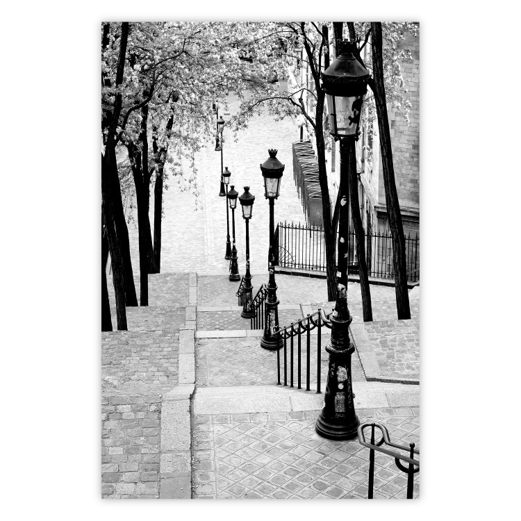 Poster Montmartre - black and white street landscape in the city with many lamps 132283