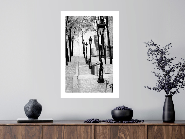 Poster Montmartre - black and white street landscape in the city with many lamps 132283 additionalImage 3