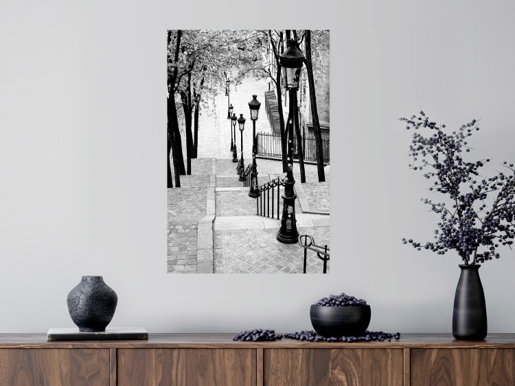Poster Montmartre - black and white street landscape in the city with many lamps 132283 additionalImage 2