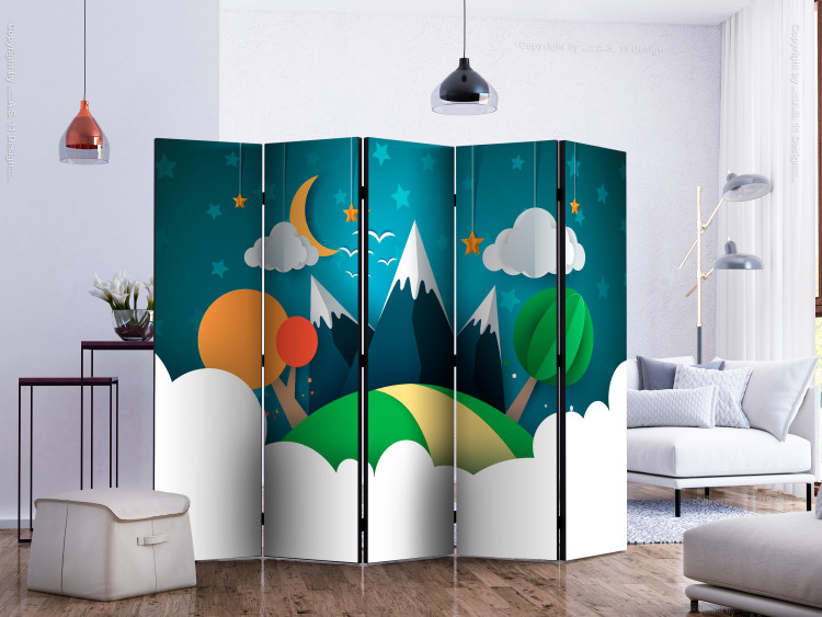 Room Divider Screen Little Traveler II (5-piece) - colorful mountain landscape against a starry backdrop 133083 additionalImage 2