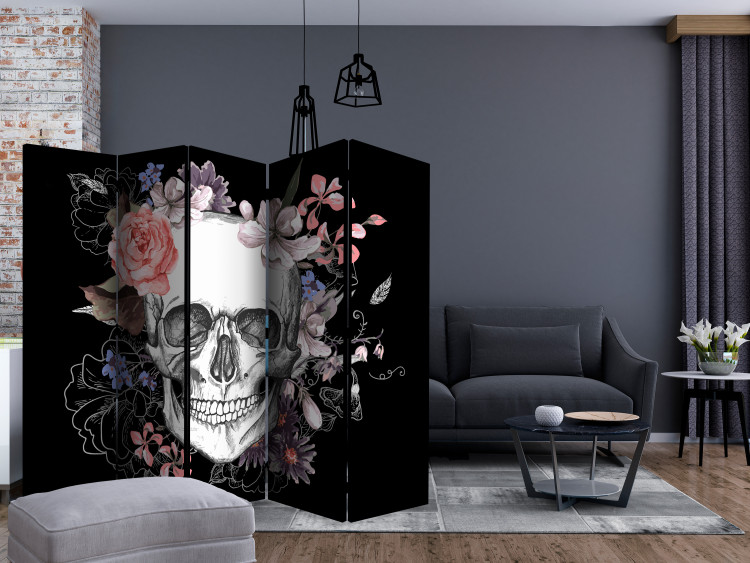 Room Divider Screen Skull and Flowers II (5-piece) - unique abstraction on black background 133283 additionalImage 4