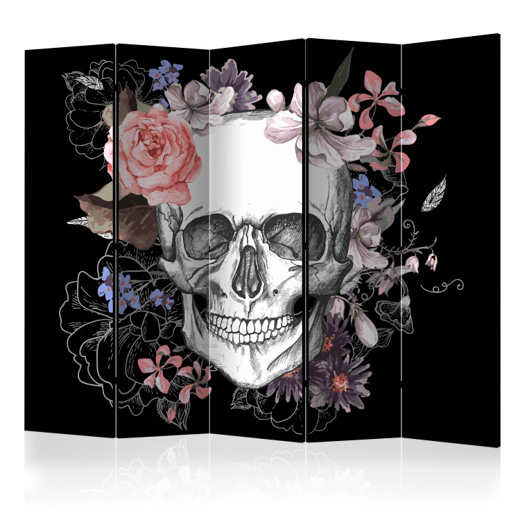 Room Divider Screen Skull and Flowers II (5-piece) - unique abstraction on black background 133283