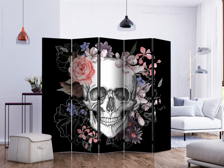 Room Divider Screen Skull and Flowers II (5-piece) - unique abstraction on black background 133283 additionalImage 2