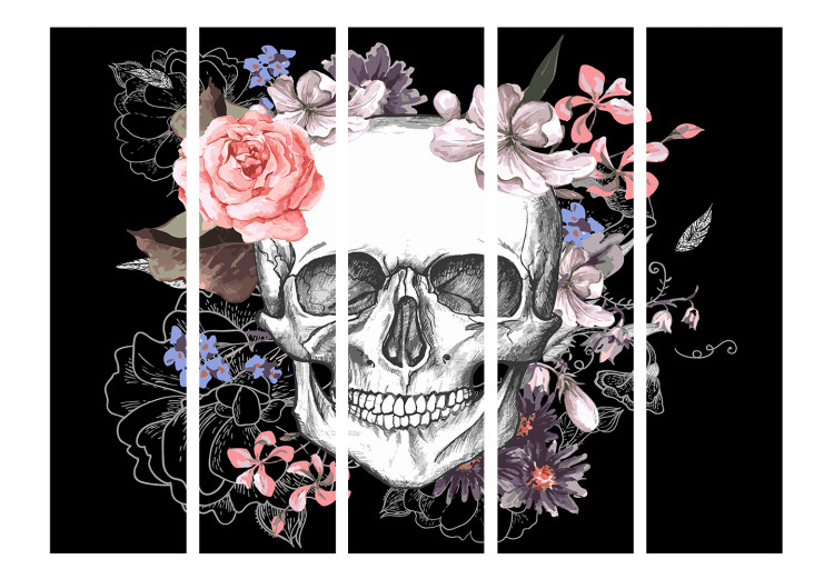 Room Divider Screen Skull and Flowers II (5-piece) - unique abstraction on black background 133283 additionalImage 3