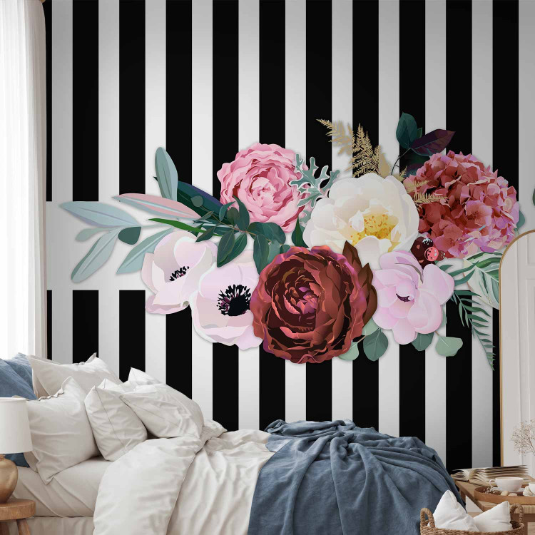 Photo Wallpaper Good pass - motif of pink flowers on a background of black and white stripes 143383 additionalImage 2