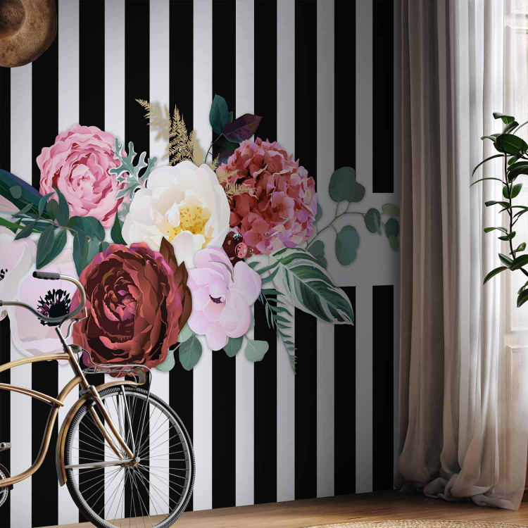Photo Wallpaper Good pass - motif of pink flowers on a background of black and white stripes 143383 additionalImage 7