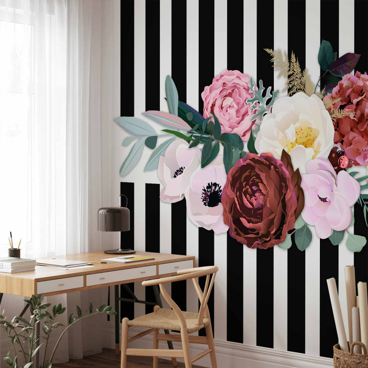 Photo Wallpaper Good pass - motif of pink flowers on a background of black and white stripes 143383