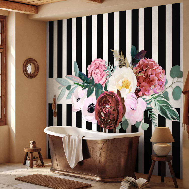Photo Wallpaper Good pass - motif of pink flowers on a background of black and white stripes 143383 additionalImage 8