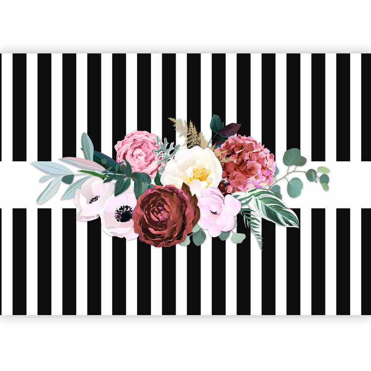 Photo Wallpaper Good pass - motif of pink flowers on a background of black and white stripes 143383 additionalImage 5