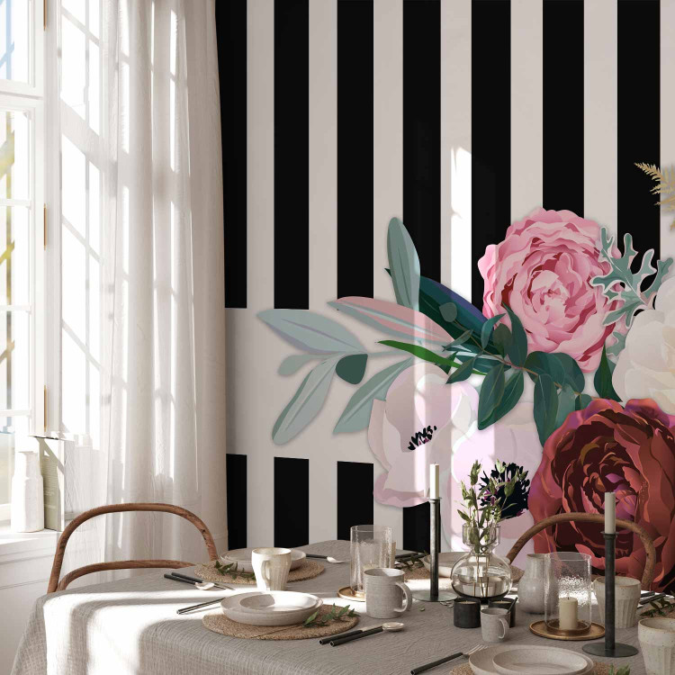 Photo Wallpaper Good pass - motif of pink flowers on a background of black and white stripes 143383 additionalImage 4