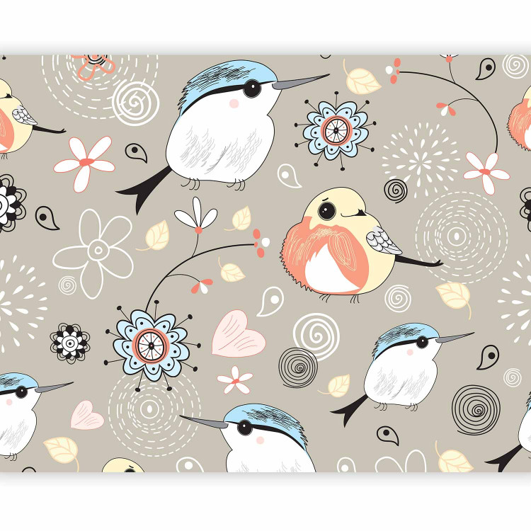 Photo Wallpaper Animals - Collage with birds and flowers on a beige background for children 61283 additionalImage 1