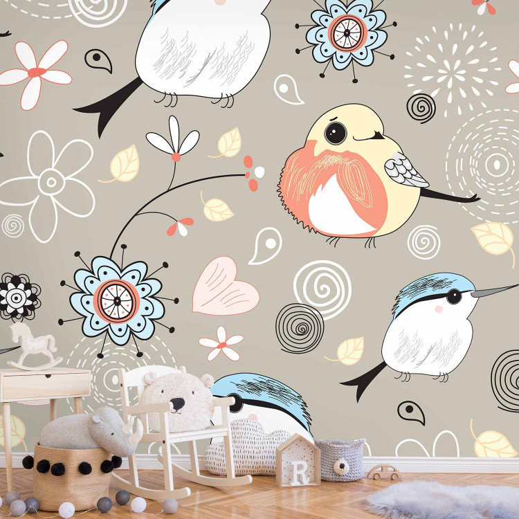 Photo Wallpaper Animals - Collage with birds and flowers on a beige background for children 61283 additionalImage 4