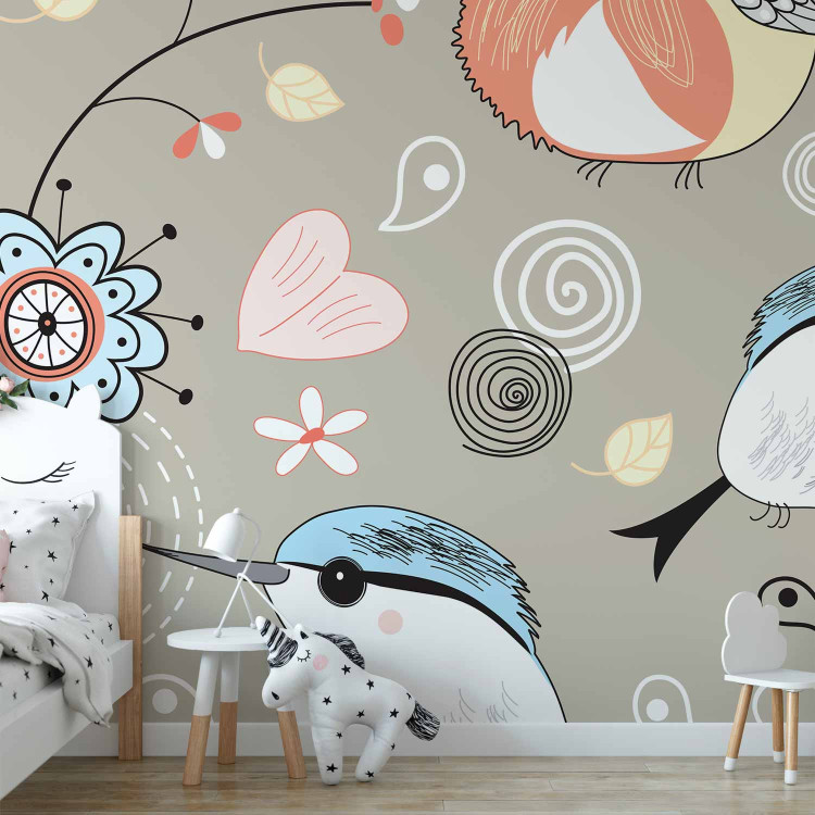 Photo Wallpaper Animals - Collage with birds and flowers on a beige background for children 61283 additionalImage 8