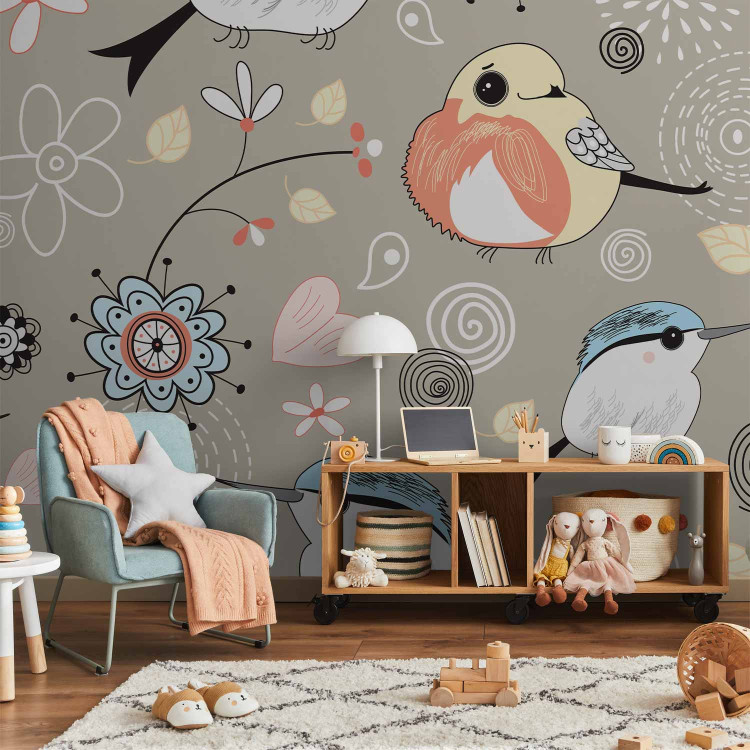 Photo Wallpaper Animals - Collage with birds and flowers on a beige background for children 61283 additionalImage 6