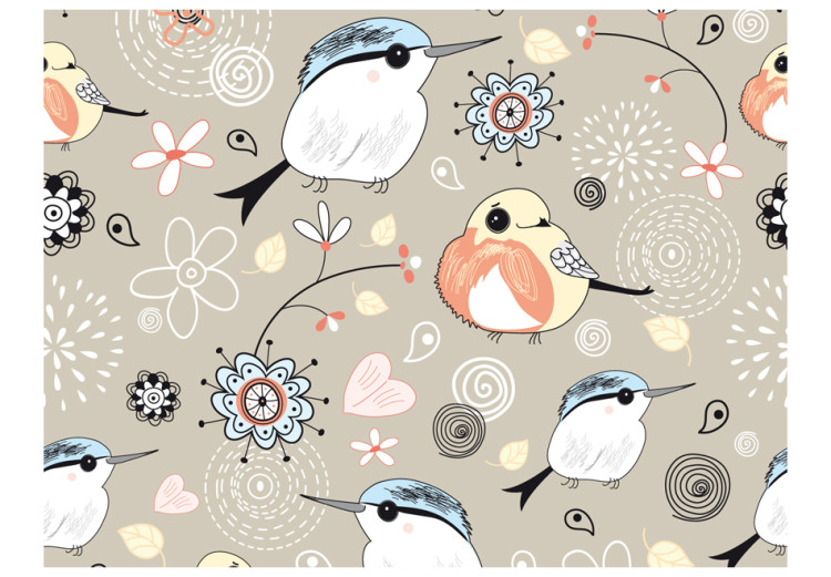 Photo Wallpaper Animals - Collage with birds and flowers on a beige background for children 61283 additionalImage 1
