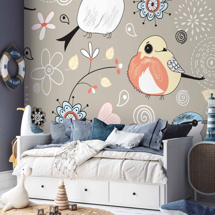 Photo Wallpaper Animals - Collage with birds and flowers on a beige background for children 61283 additionalImage 2