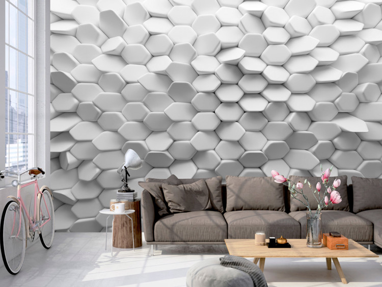 Wall Mural 3D white puzzle - geometric background motif with spatial elements 92683