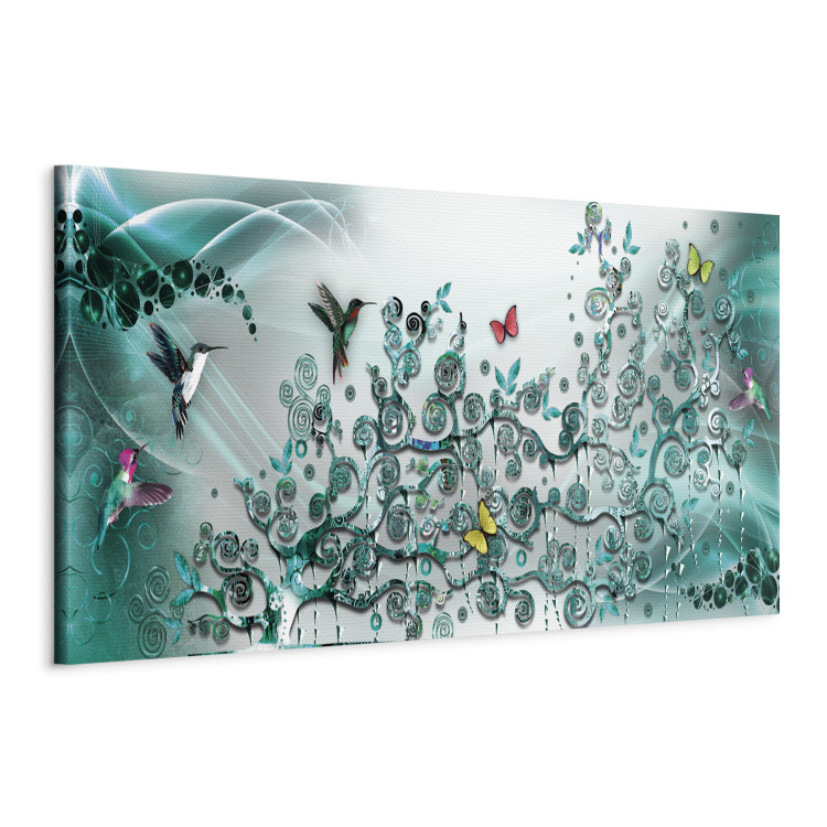 Canvas Art Print Hummingbird Dance (1-part) Narrow - Animals on Turquoise Background 107793 additionalImage 2