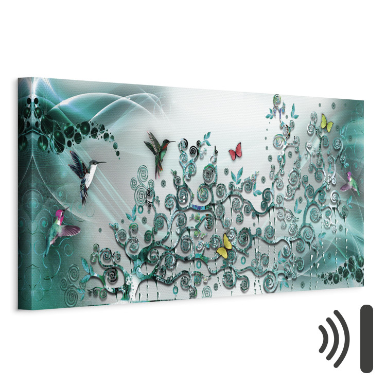 Canvas Art Print Hummingbird Dance (1-part) Narrow - Animals on Turquoise Background 107793 additionalImage 8