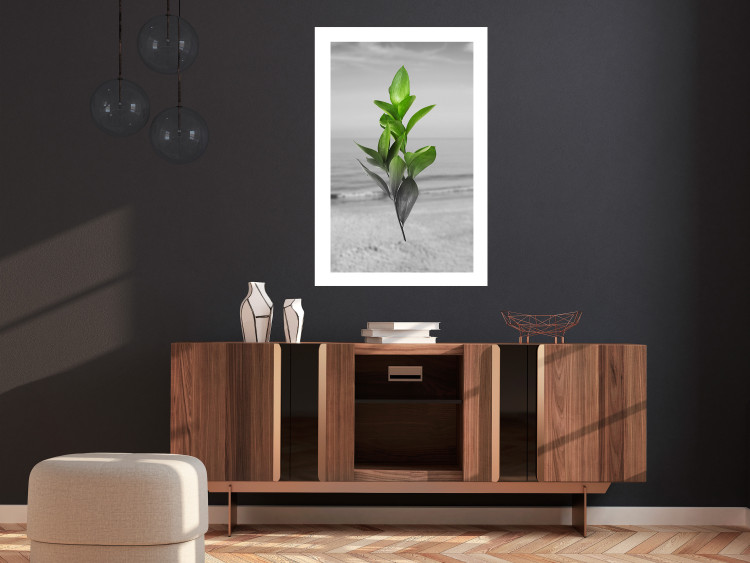 Wall Poster Green Branches - Living leaves on a background of a gray seascape 114393 additionalImage 2
