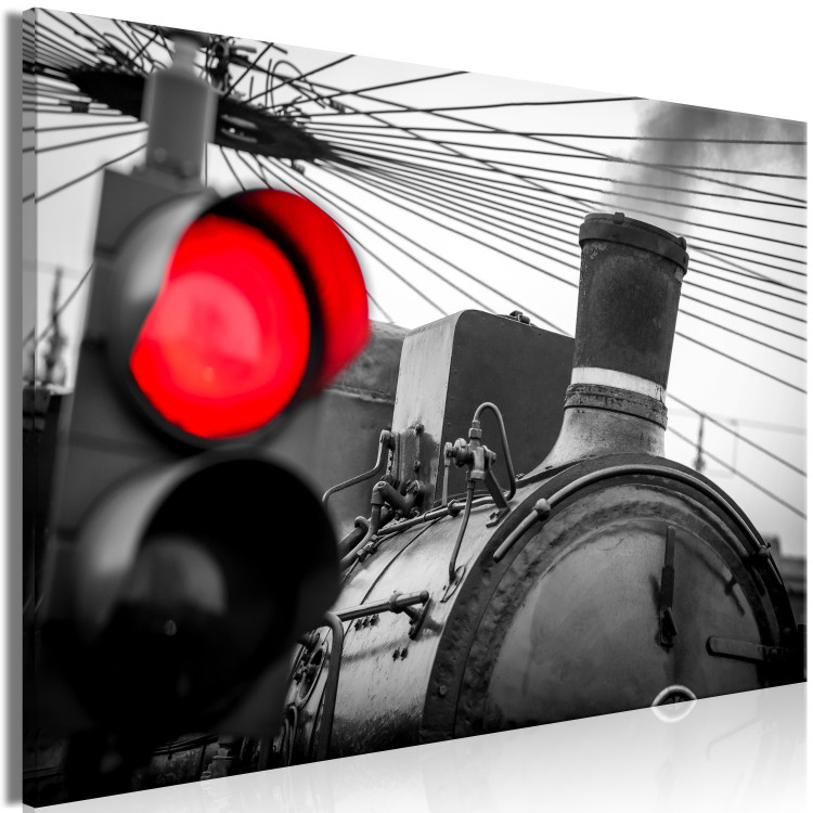 Canvas Art Print Smoky Trail (1-part) - Metal Train in Black and White Light 116393 additionalImage 2