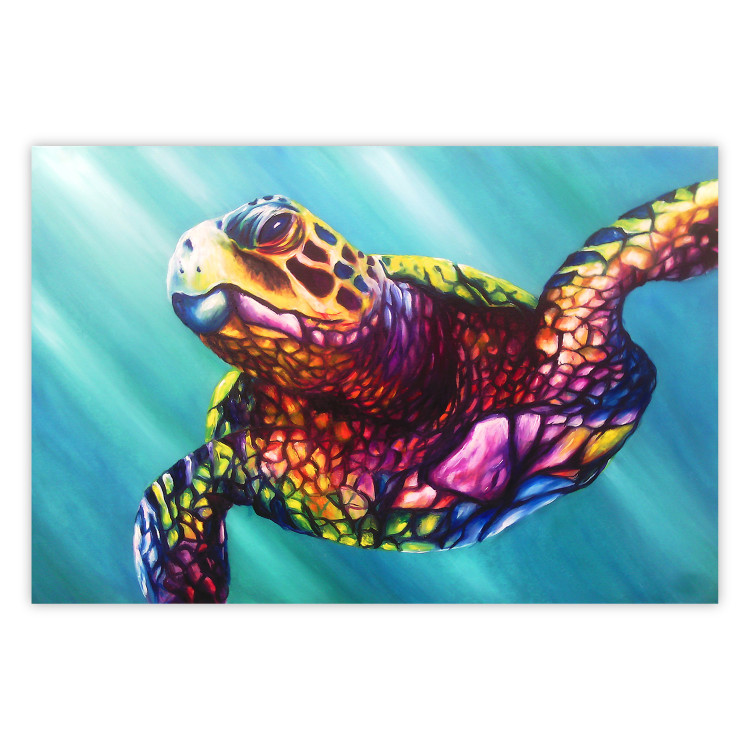 Poster Colorful Turtle - abstract multicolored animal on a blue background 127093