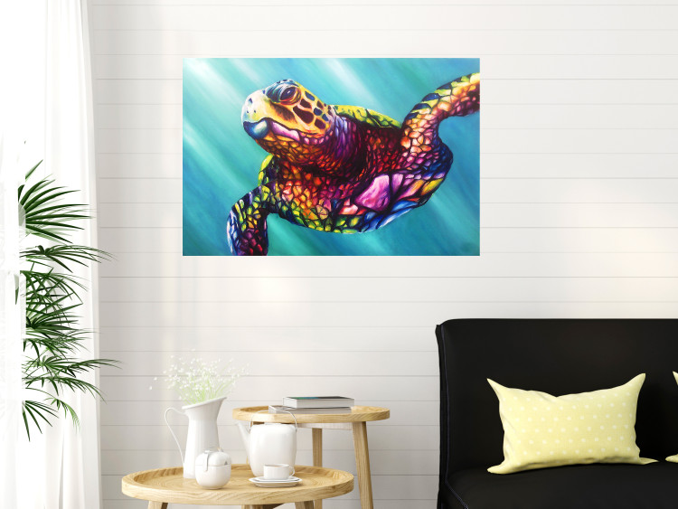 Poster Colorful Turtle - abstract multicolored animal on a blue background 127093 additionalImage 2