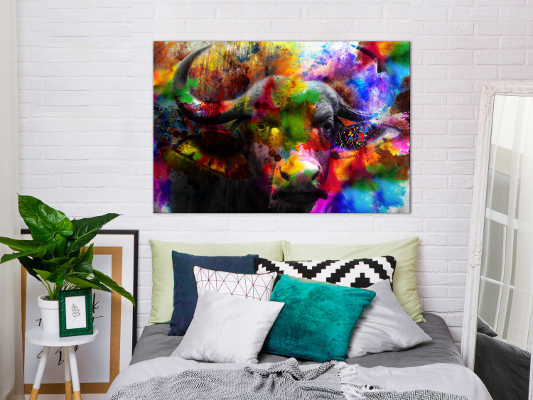 Canvas Art Print African Buffalo (1-piece) Wide - abstraction of a colorful buffalo 130393 additionalImage 3