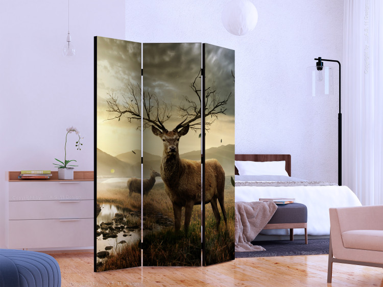 Room Separator Deer Over the Mountain Stream (3-piece) - animals against fields backdrop 132593 additionalImage 2