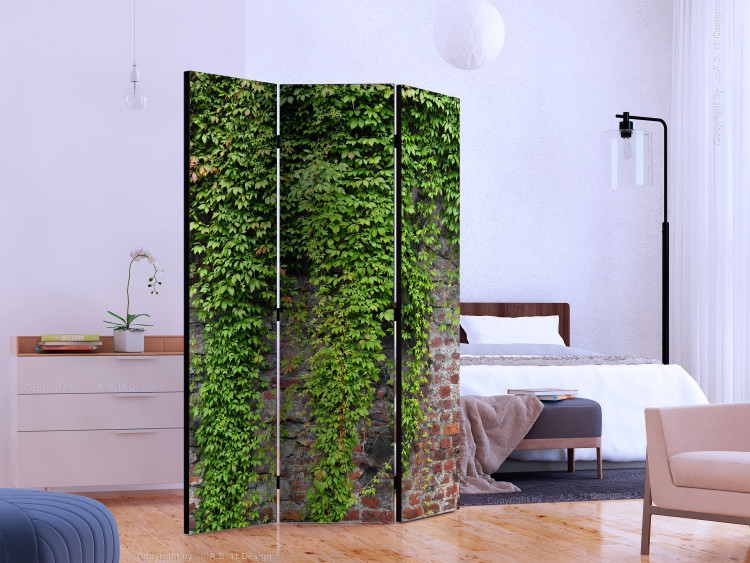 Room Separator Bricks and Ivy (3-piece) - green plant leaves cascading on a wall 132793 additionalImage 2