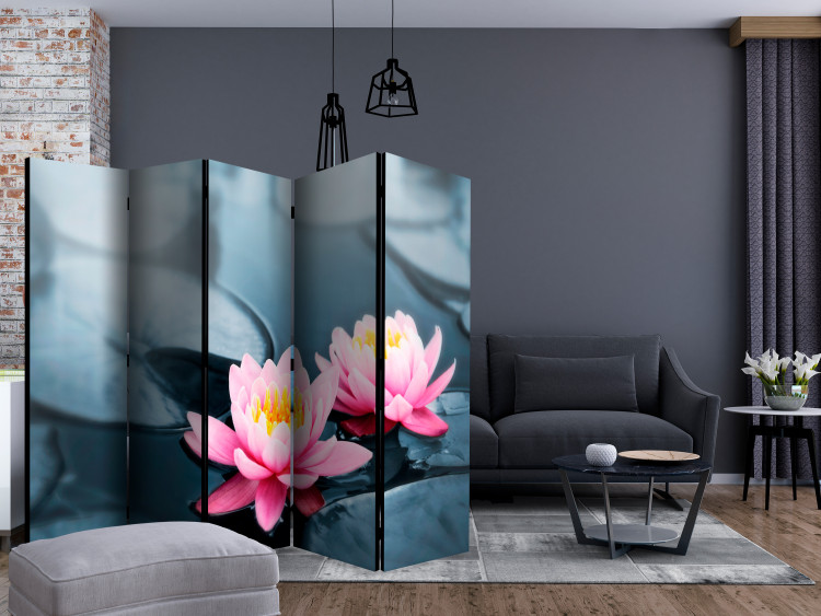 Folding Screen Lotus Blossoms II (5-piece) - pink lotus flowers on water 134193 additionalImage 4