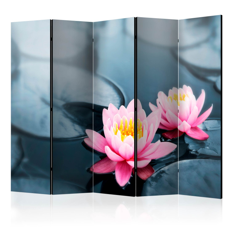 Folding Screen Lotus Blossoms II (5-piece) - pink lotus flowers on water 134193