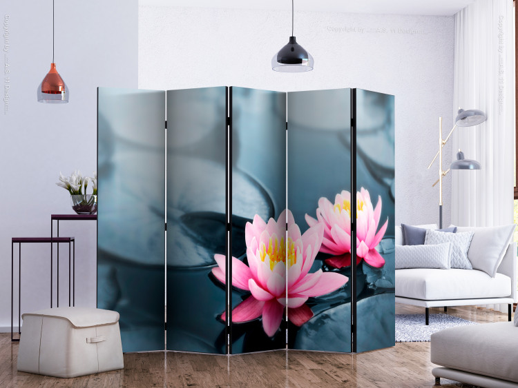 Folding Screen Lotus Blossoms II (5-piece) - pink lotus flowers on water 134193 additionalImage 2