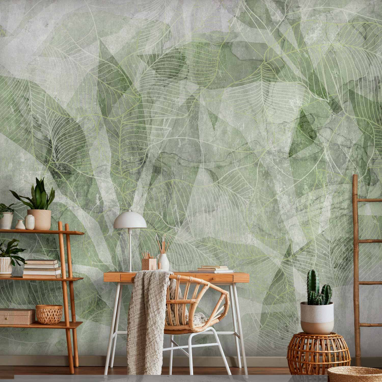 Wall Mural Abstract shadow - interlaced shapes and outline of leaves - green 144693 additionalImage 4
