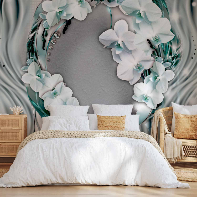 Wall Mural Abstraction - Orchid Flowers with Pearls on Blue Shades Background 60793 additionalImage 2